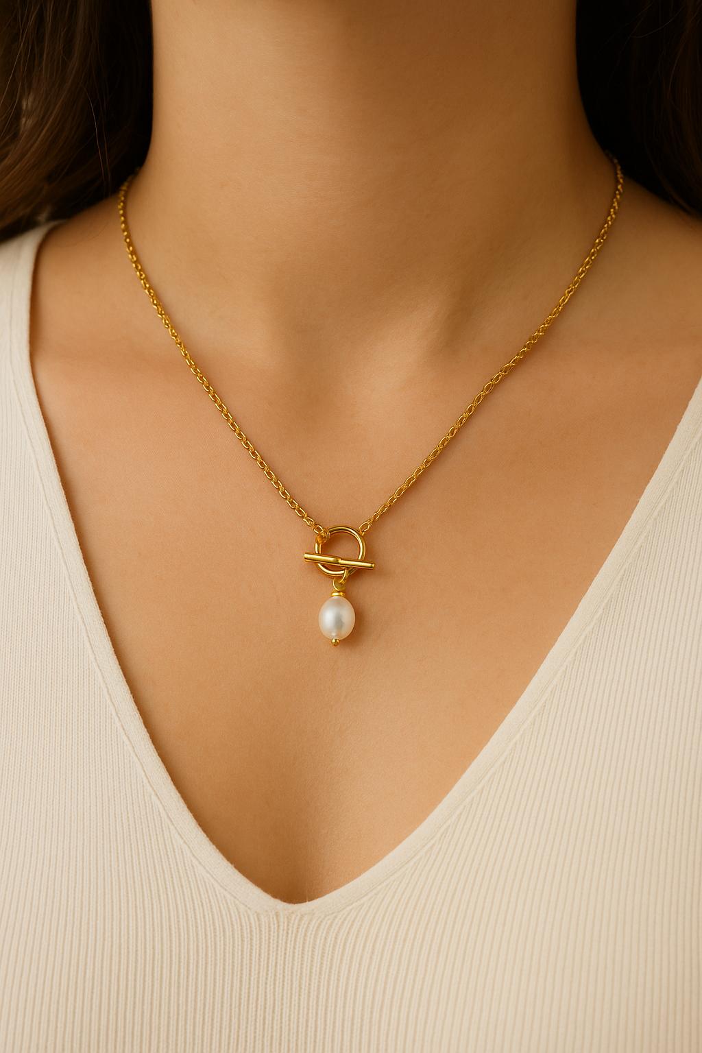 Golden Pearl Charm Necklace